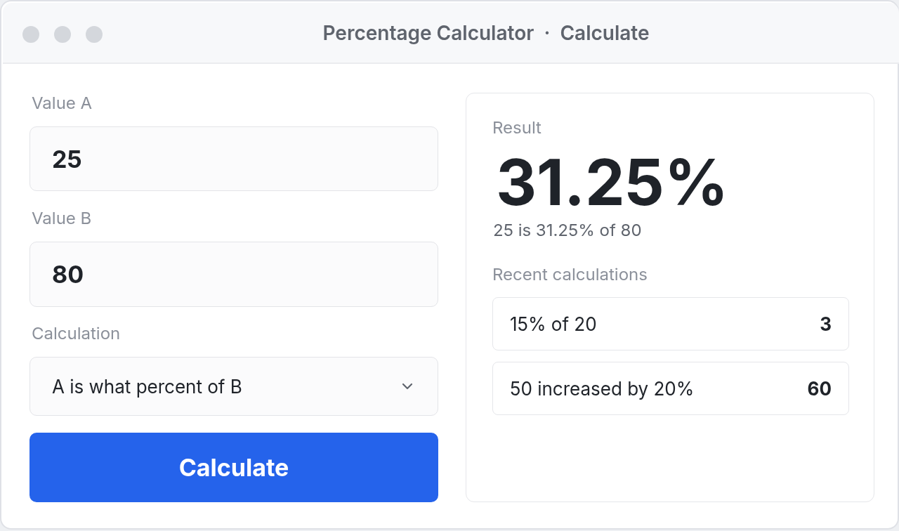 Percentage Calculator desktop app on Windows