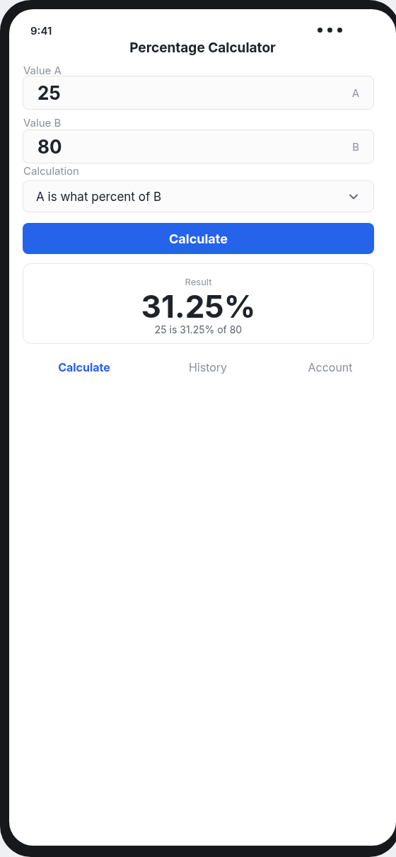 Percentage Calculator mobile app interface on Android